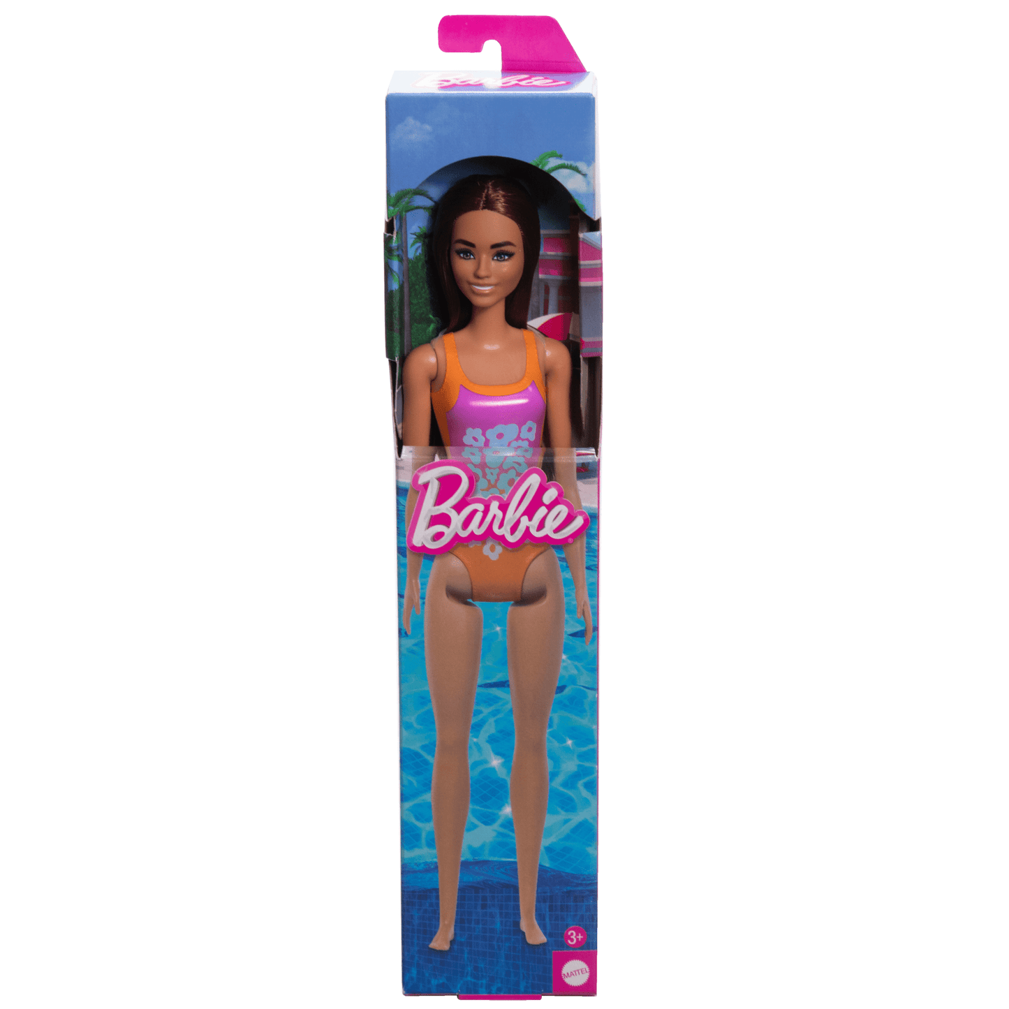 Barbie Poup¨¦e Plage Cheveux Brun Clair, Maillot Rose et Orange
