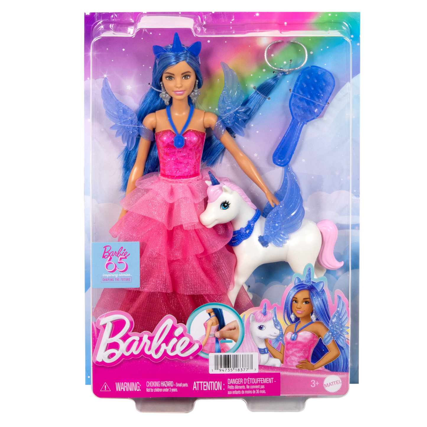 Barbie 65Anniversaire Poup¨¦e et Animal Licorne Ail¨¦e, Ch. Bleus