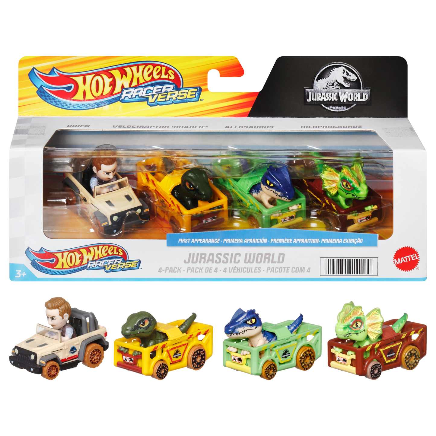Hot Wheels RacerVerse Veh¨ªculo de Juguete Cuatro Autos de Carrera Jurassic World